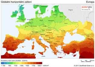 mapa slunečního svitu Evropa